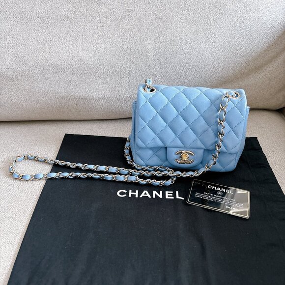 98% NEW CHANEL LAMB SKIN BABY BLUE SQUARE FLAP BAG - Picture 14 of 15